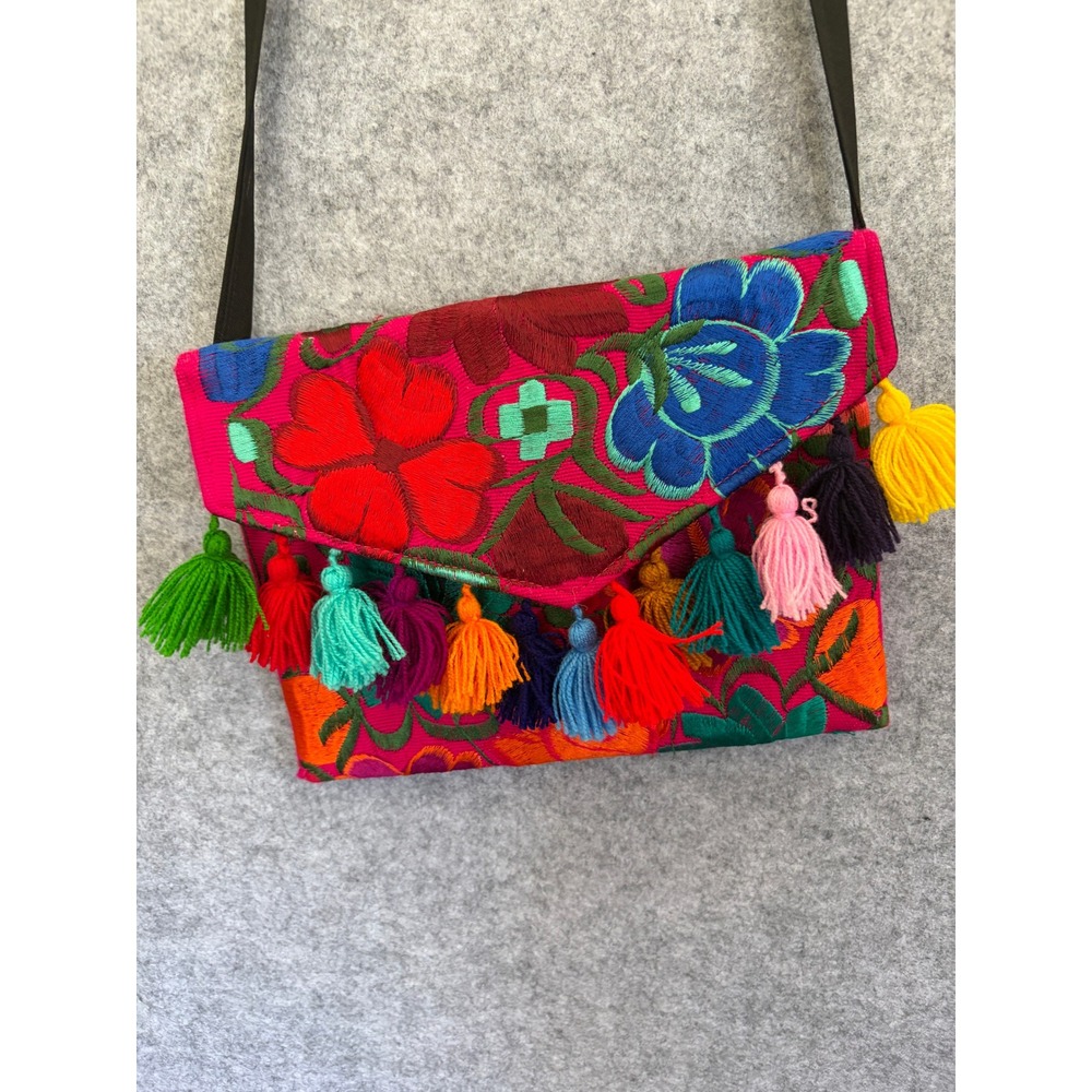 Mexican Floral Embroidered Crossbody Bag Pink Boho Tassel Festival Handbag